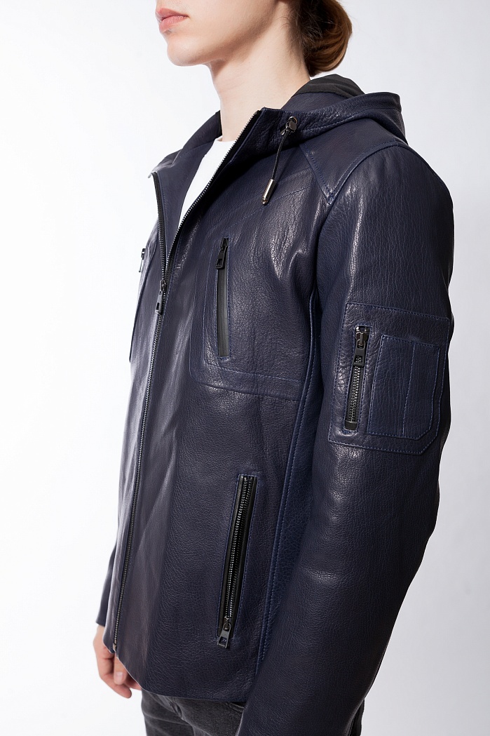 Куртка из натуральной кожи с капюшоном в синем оттенке | Capitol